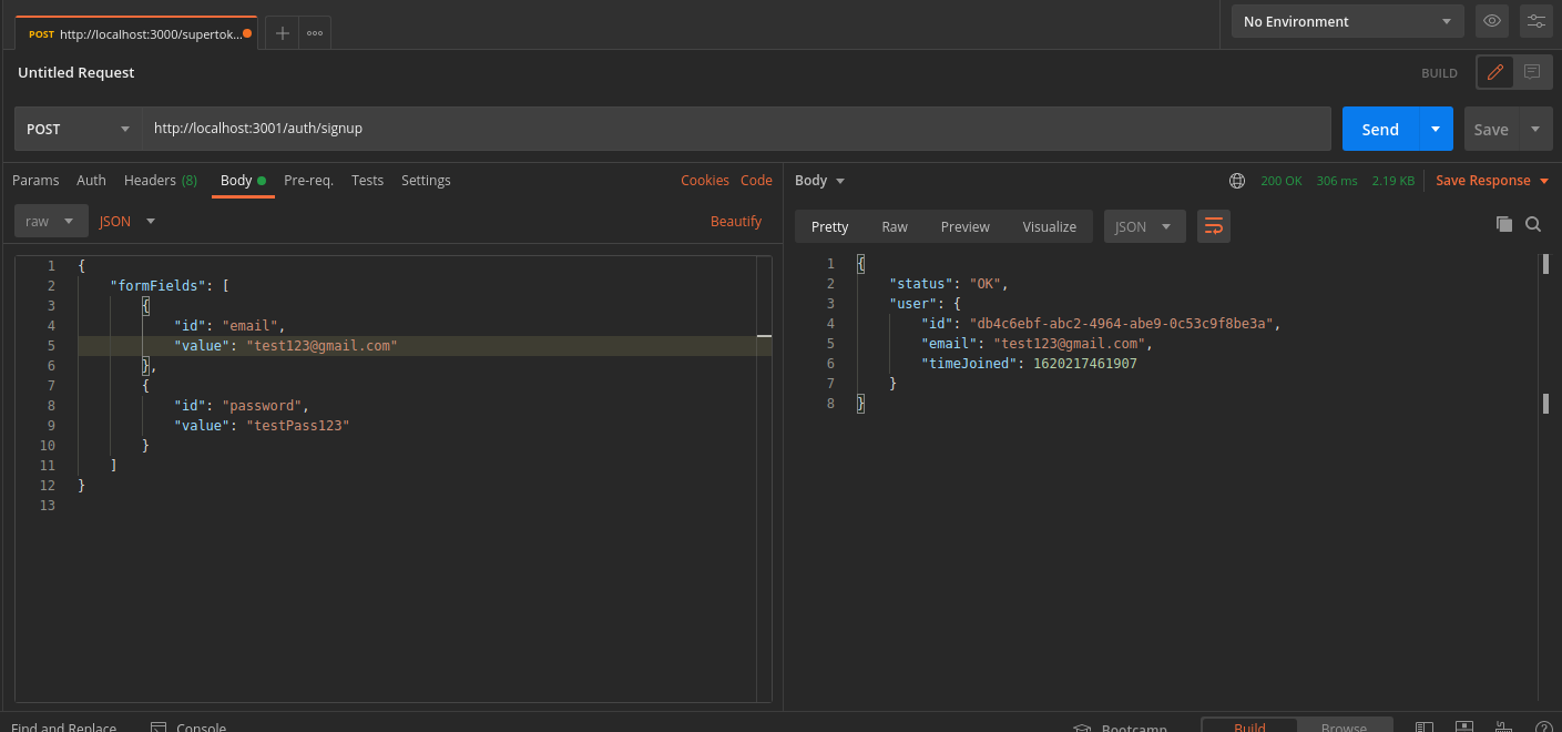 Successful signup request in postman